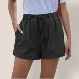 Boutique NWOT Black High Rise Utility Drawstring Tencel Cotton Shorts